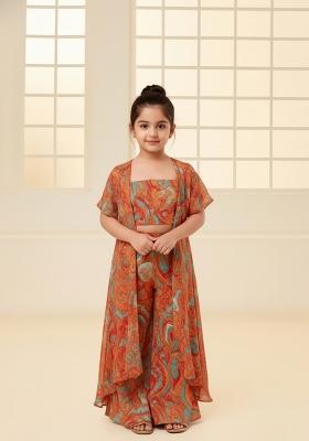 Girls Multicolor Floral Print Crepe Fusion Set