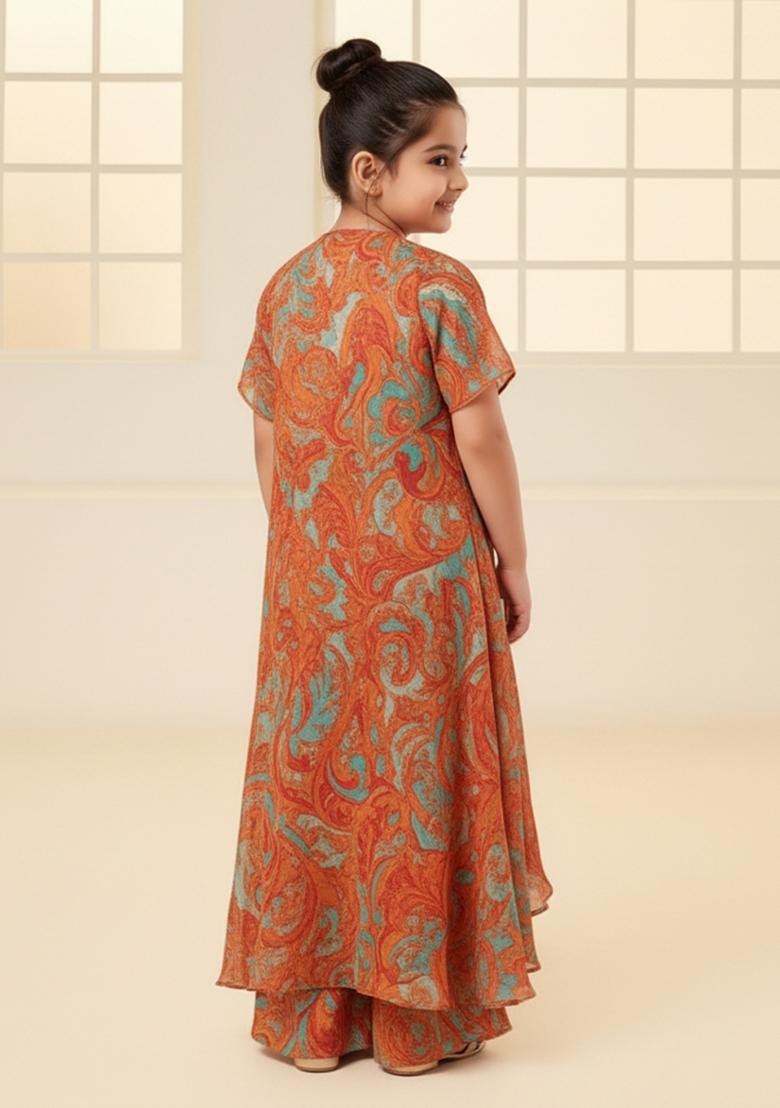 Girls Multicolor Floral Print Crepe Fusion Set - Indya