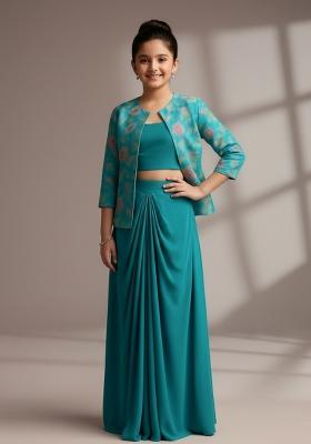 Girls Turquoise Embroidered Georgette Fusion Set