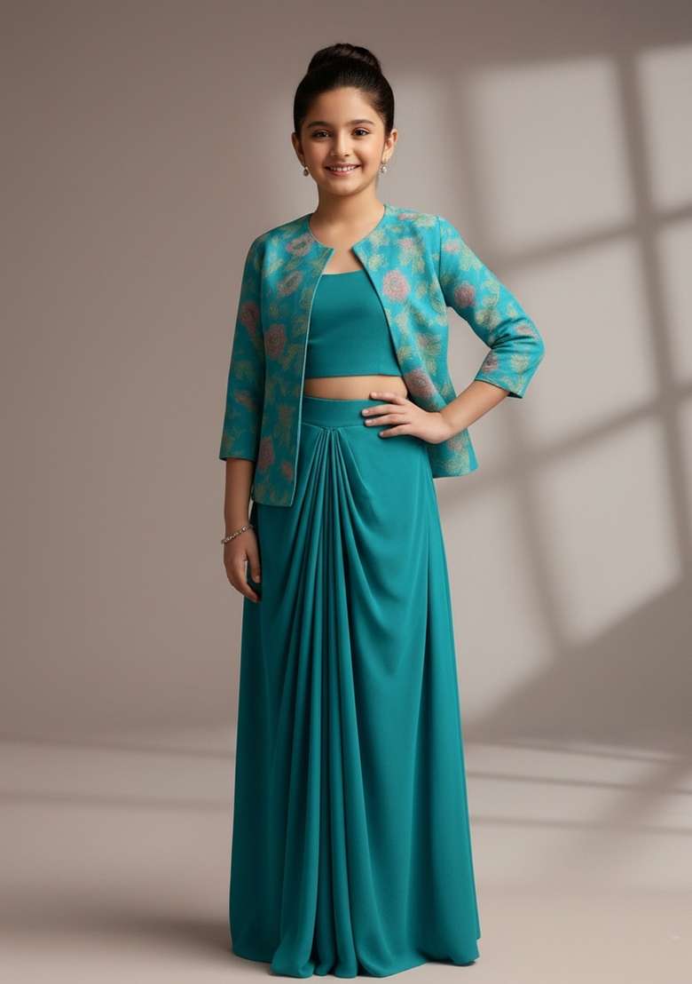 Girls Turquoise Embroidered Georgette Fusion Set - Indya