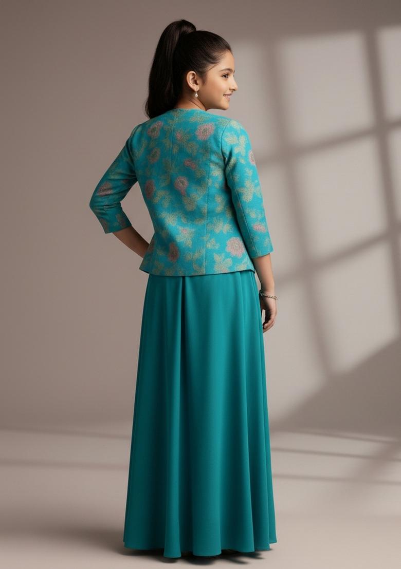 Girls Turquoise Embroidered Georgette Fusion Set - Indya