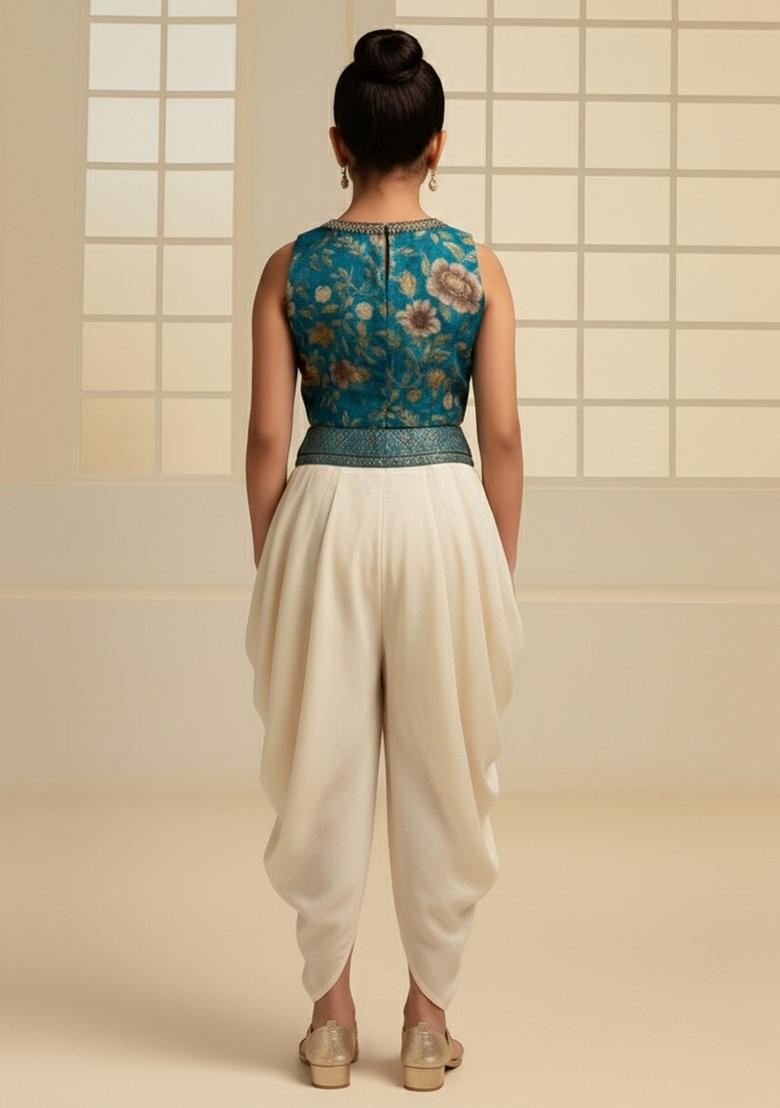 Girls Sea Blue Floral Print Organza Fusion Set - Indya