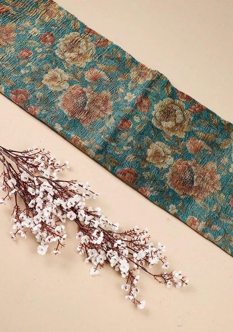 Girls Sea Blue Floral Print Organza Fusion Set - Indya