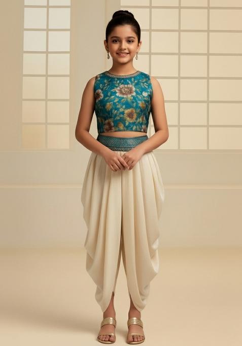 Girls Sea Blue Floral Print Organza Fusion Set