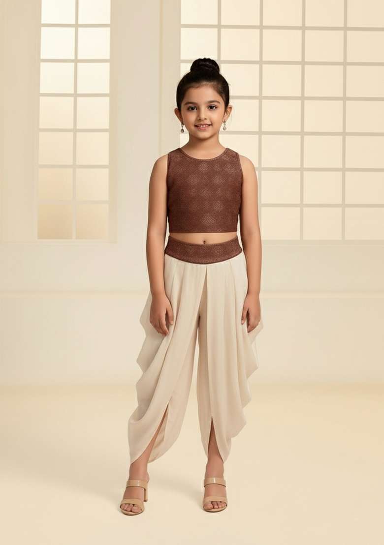 Girls Brown Figure Print Organza Fusion Set - Indya