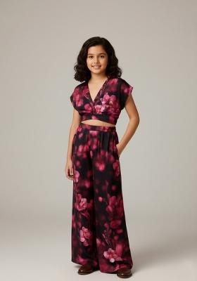 Girls Black And Pink Floral Print Georgette Co-Ord Set