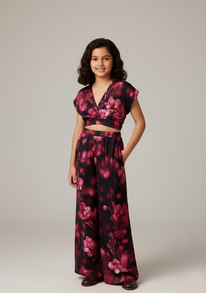 Girls Black And Pink Floral Print Georgette Co-Ord Set