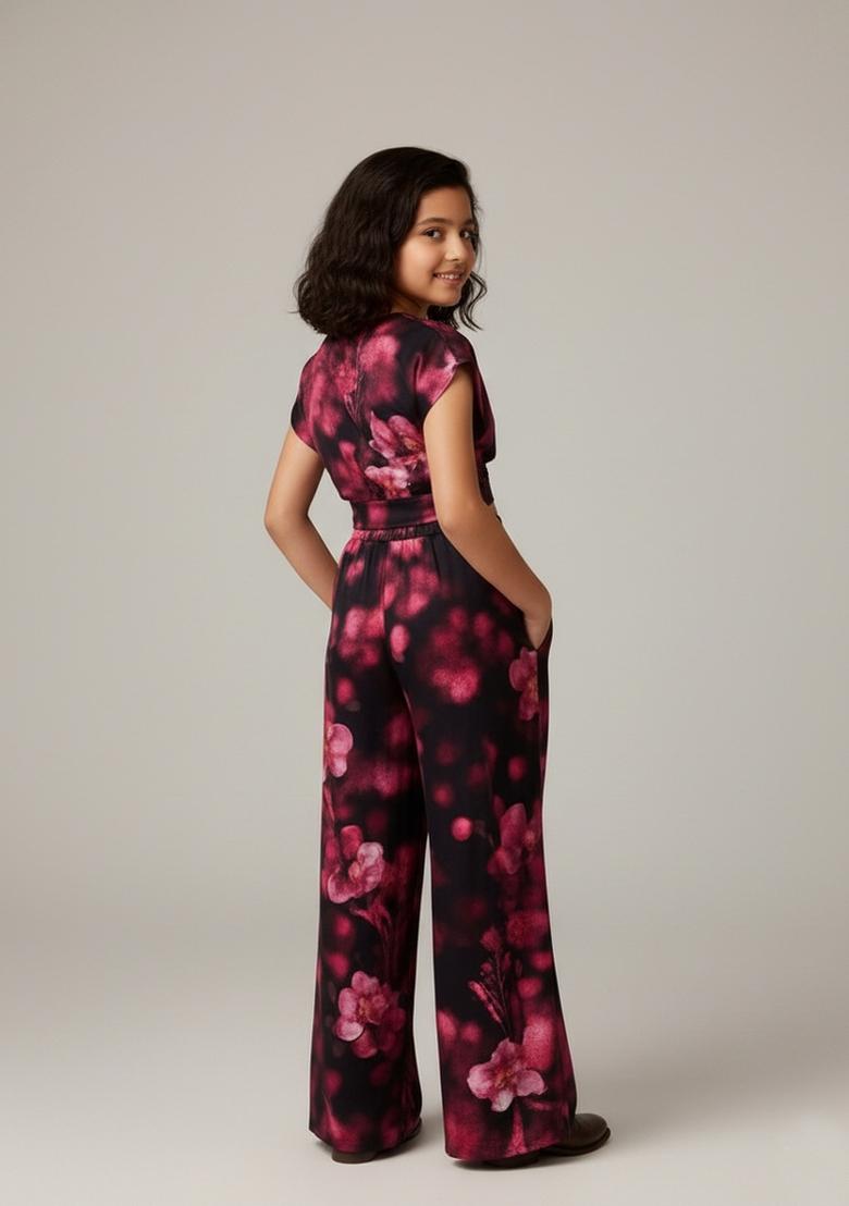 Girls Black And Pink Floral Print Georgette Co-Ord Set - Indya