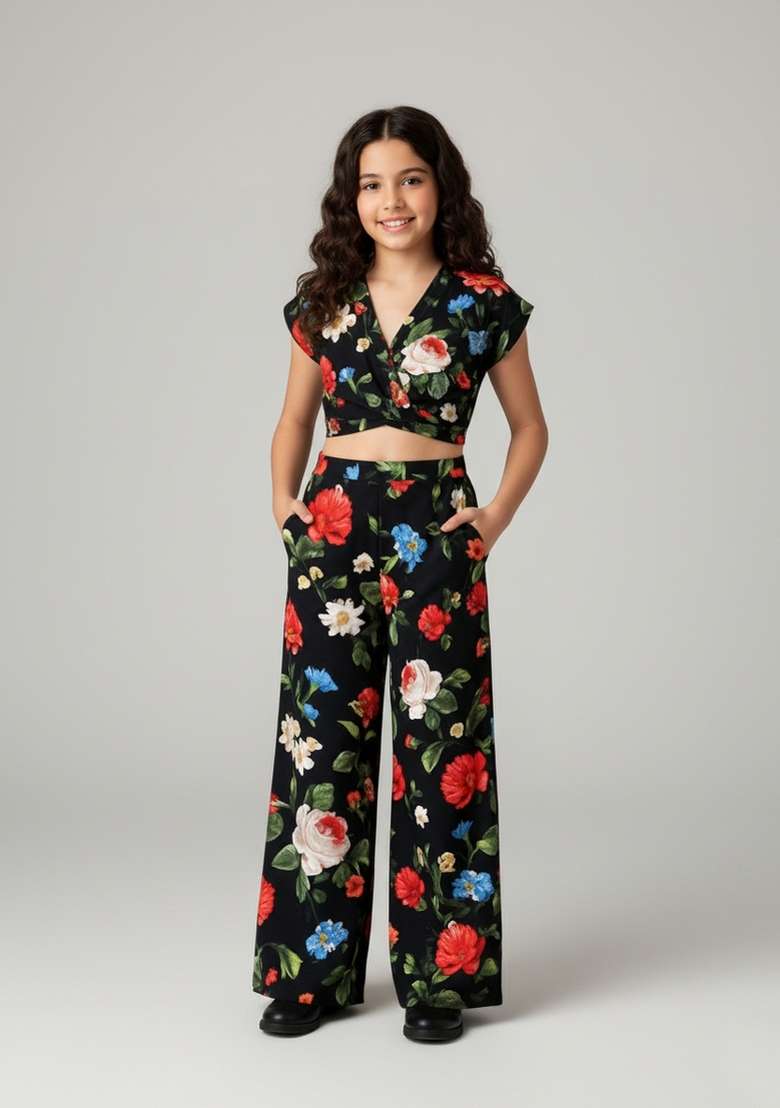 Girls Black Floral Print Silk Co-Ord Set - Indya
