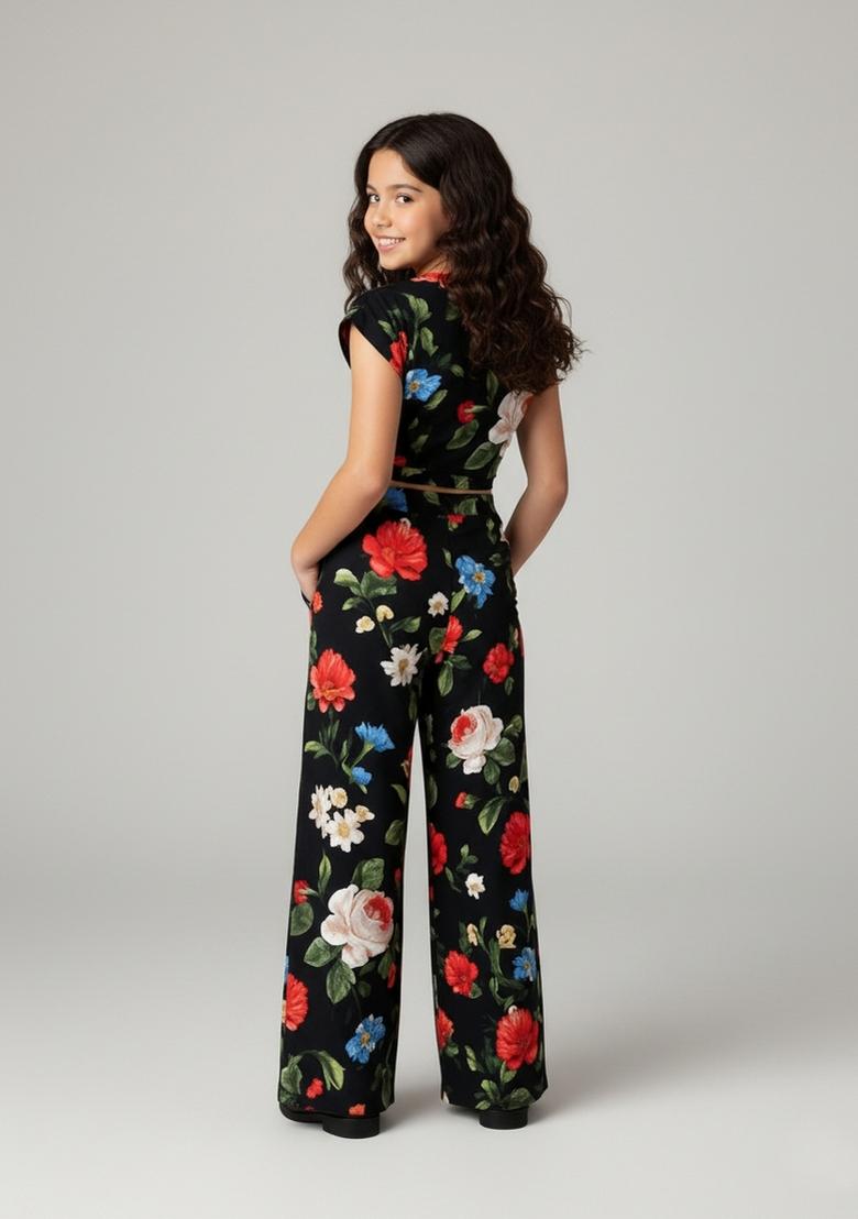 Girls Black Floral Print Silk Co-Ord Set - Indya
