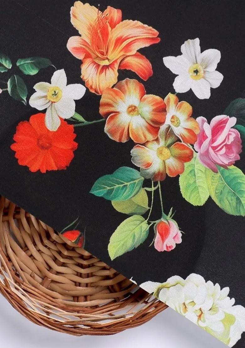 Girls Black Floral Print Silk Co-Ord Set - Indya