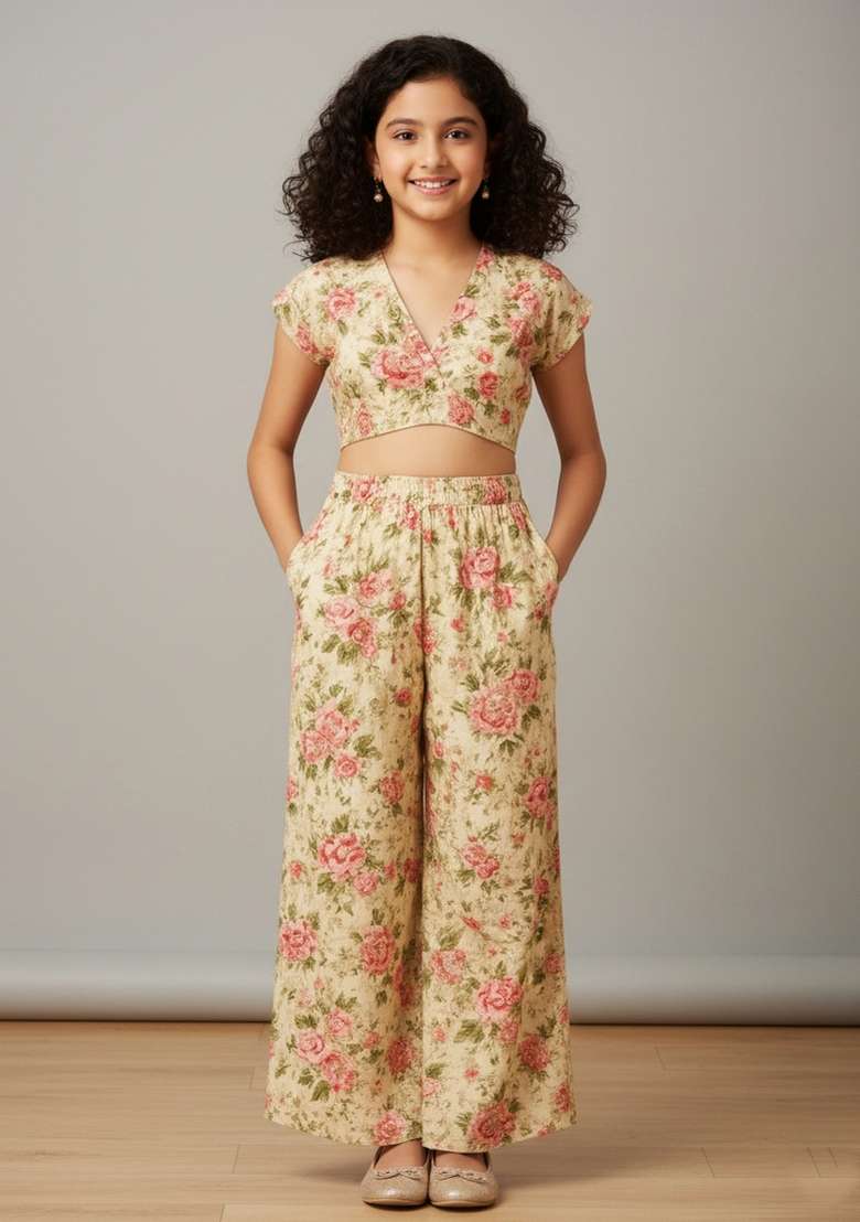 Girls Off White Floral Print Silk Co-Ord Set - Indya