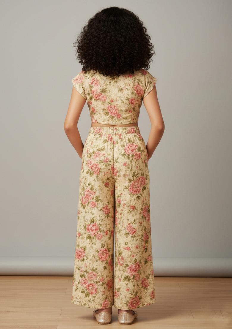 Girls Off White Floral Print Silk Co-Ord Set - Indya