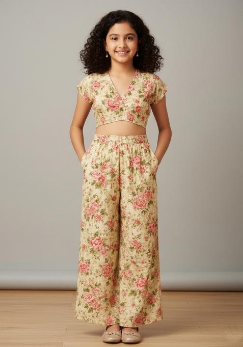 Girls Off White Floral Print Silk Co-Ord Set