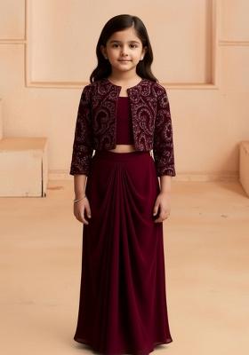 Girls Maroon Sequin Georgette Fusion Set