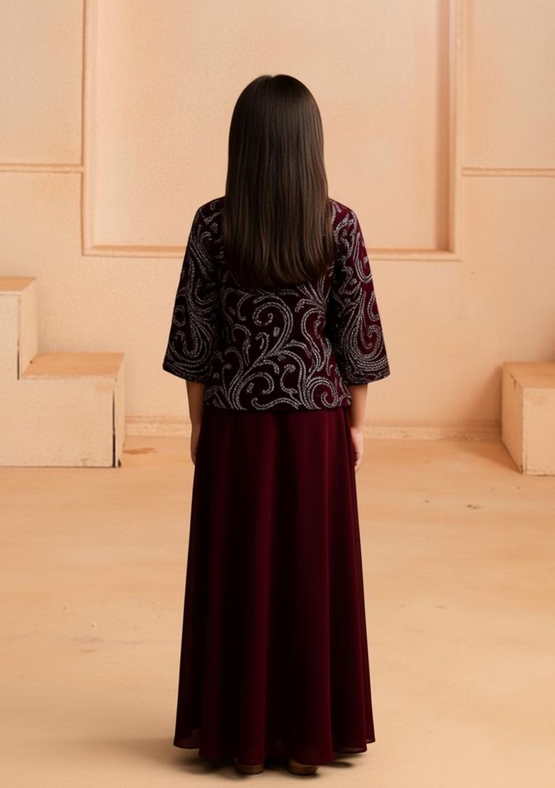 Girls Maroon Sequin Georgette Fusion Set - Indya