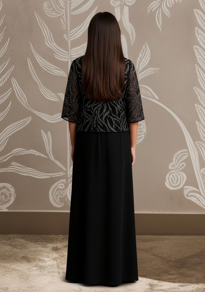 Girls Black Sequin Georgette Fusion Set - Indya