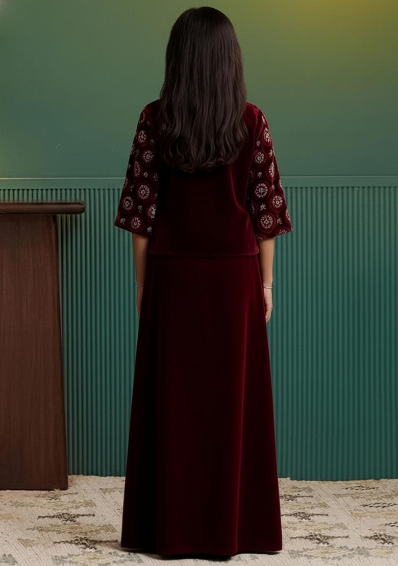 Girls Maroon Sequin Georgette Fusion Set - Indya