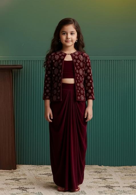 Girls Maroon Sequin Georgette Fusion Set