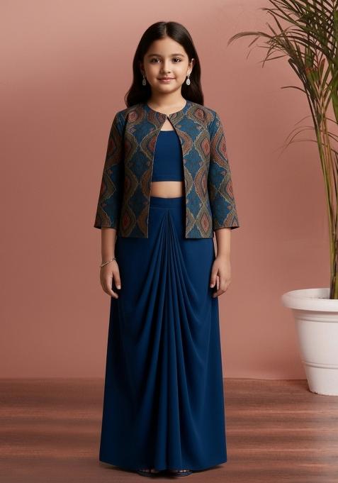 Girls Blue Figure Print Georgette Fusion Set