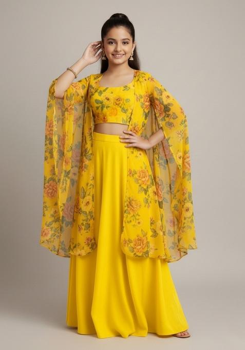 Girls Yellow Floral Print Georgette Fusion Set