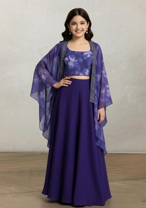Girls Violet Floral Print Georgette Fusion Set