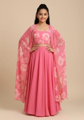 Girls Pink Floral Print Georgette Fusion Set