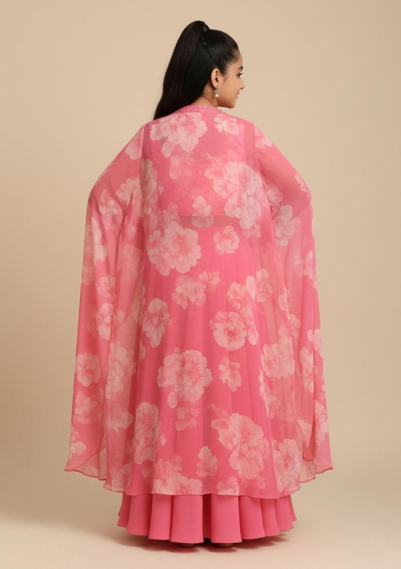Girls Pink Floral Print Georgette Fusion Set - Indya
