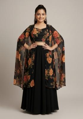 Girls Black Floral Print Georgette Fusion Set