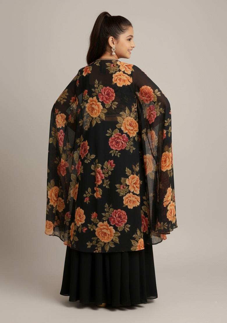 Girls Black Floral Print Georgette Fusion Set - Indya