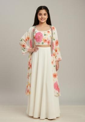 Girls White Floral Print Georgette Fusion Set