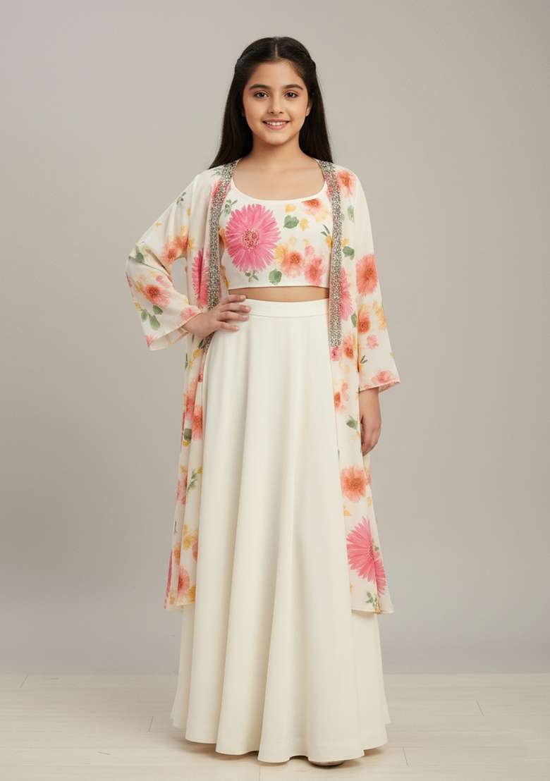 Girls White Floral Print Georgette Fusion Set - Indya