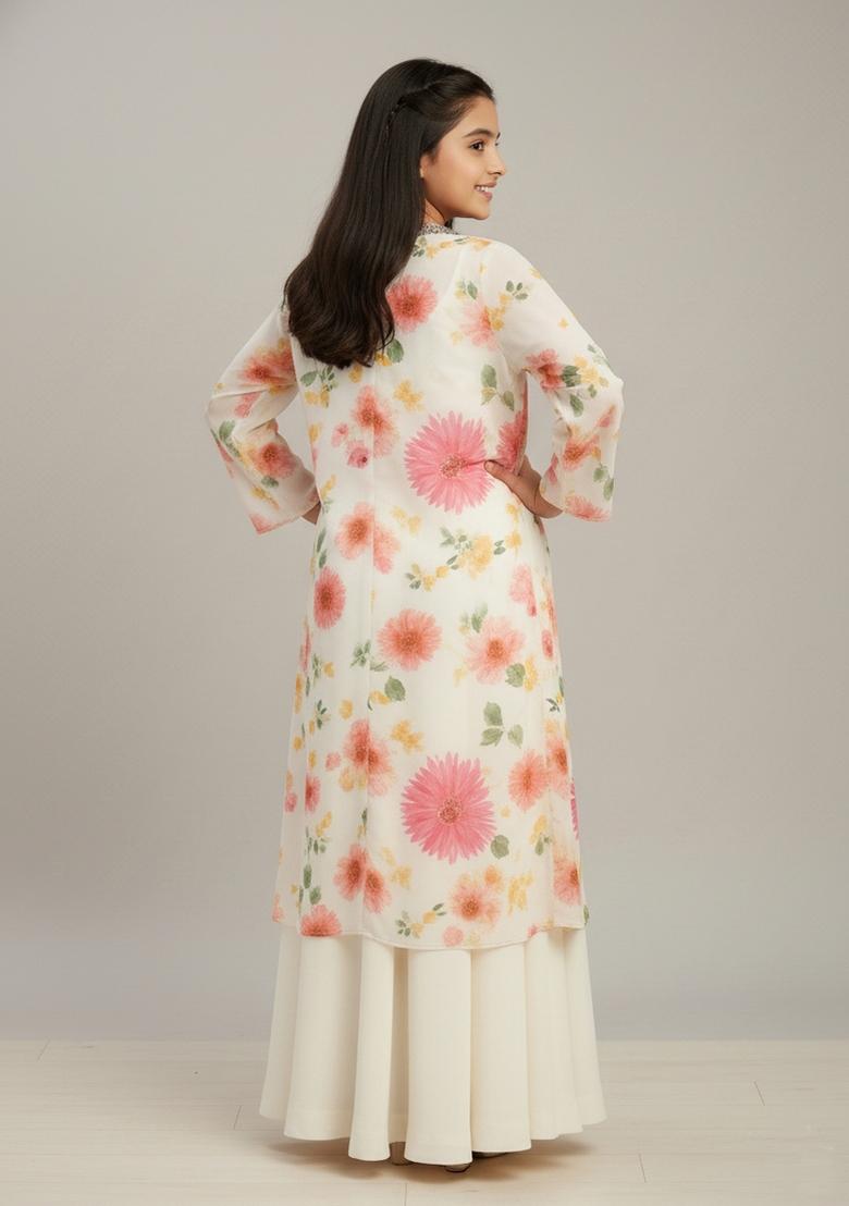 Girls White Floral Print Georgette Fusion Set - Indya
