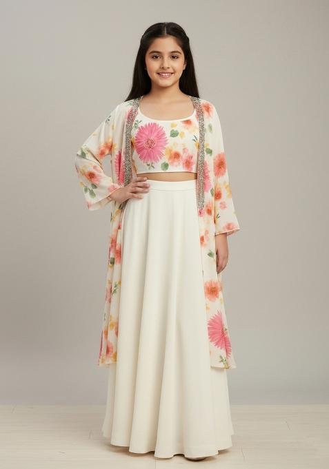 Girls White Floral Print Georgette Fusion Set