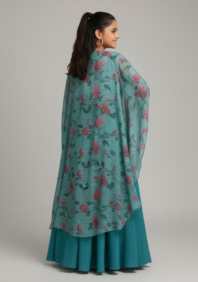 Girls Sea Blue Floral Print Georgette Fusion Set - Indya