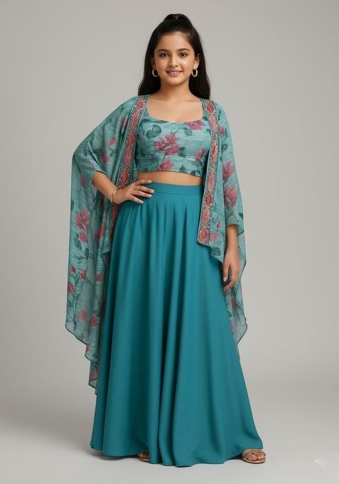 Girls Sea Blue Floral Print Georgette Fusion Set