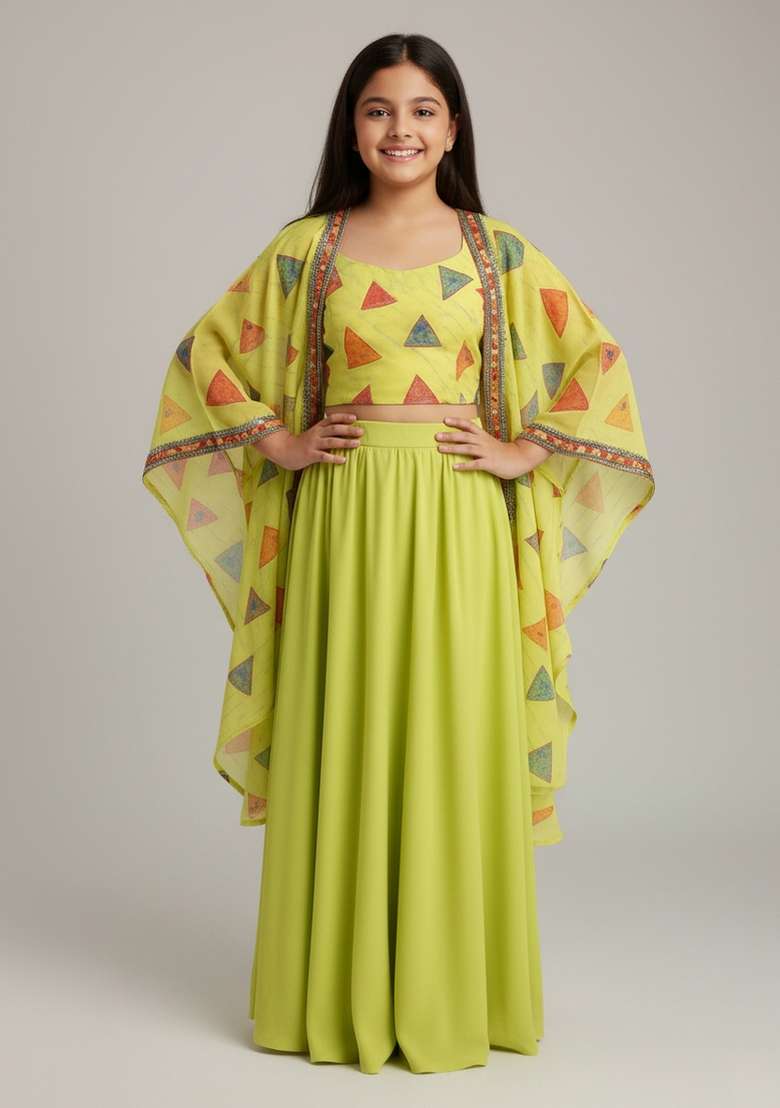 Girls Lemon Yellow Abstract Print Georgette Fusion Set - Indya