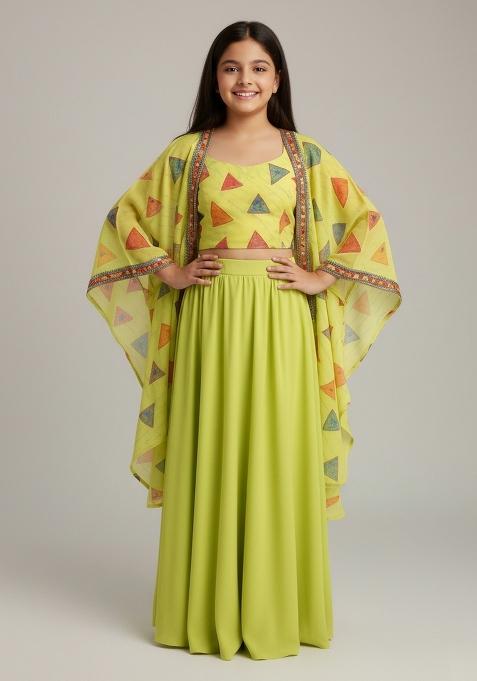 Girls Lemon Yellow Abstract Print Georgette Fusion Set