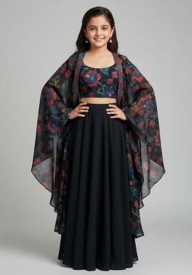 Girls Black Floral Print Georgette Fusion Set