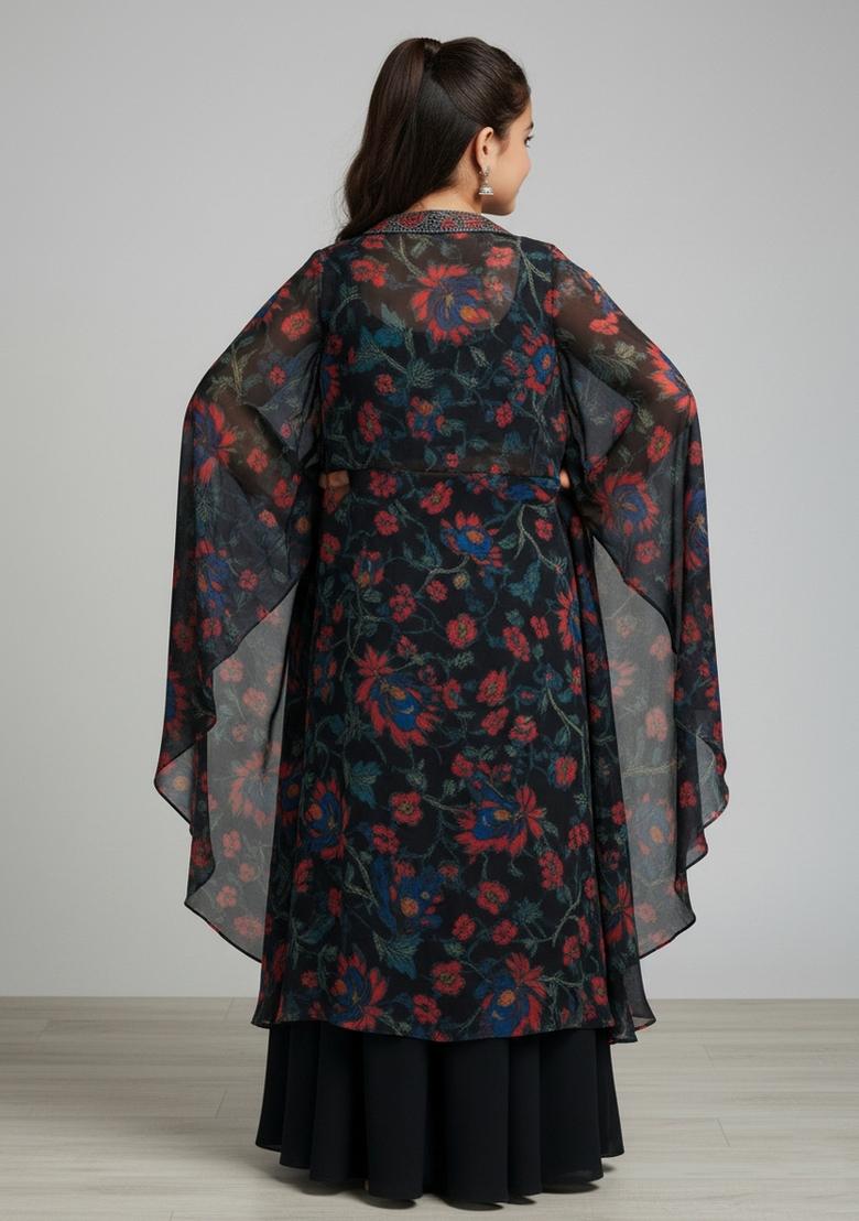 Girls Black Floral Print Georgette Fusion Set - Indya