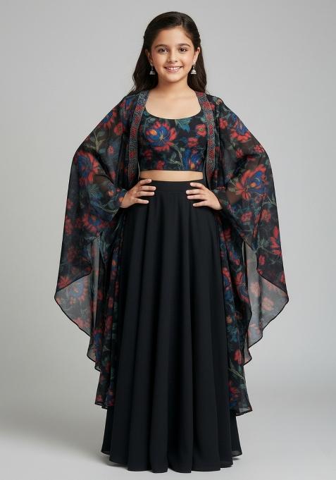 Girls Black Floral Print Georgette Fusion Set