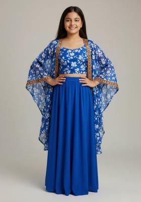 Girls Blue Floral Print Satin Fusion Set