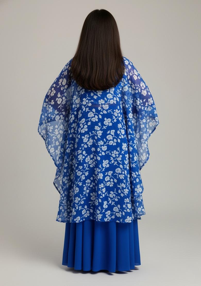 Girls Blue Floral Print Satin Fusion Set - Indya