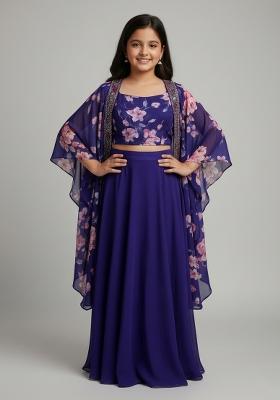 Girls Violet Floral Print Satin Fusion Set