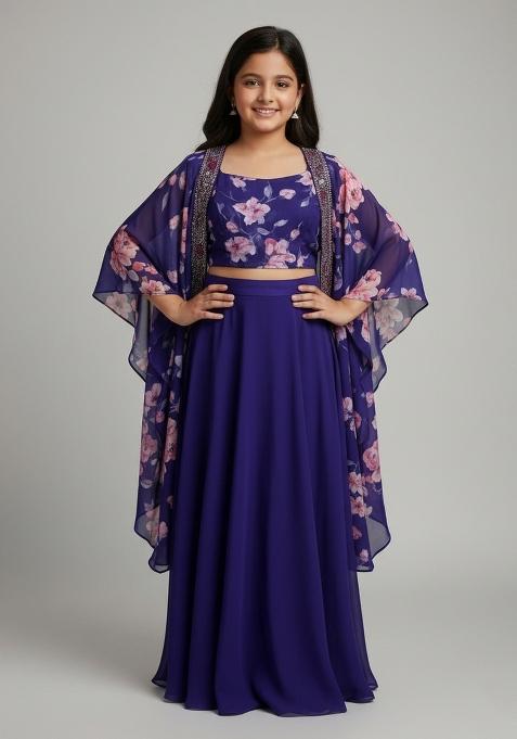 Girls Violet Floral Print Satin Fusion Set