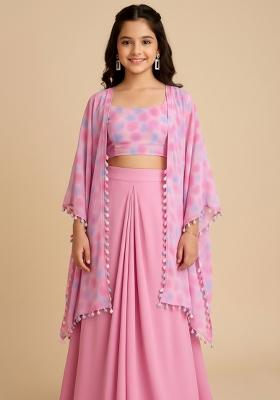 Girls Pink Abstract Print Georgette Fusion Set