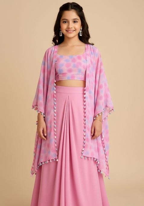 Girls Pink Abstract Print Georgette Fusion Set