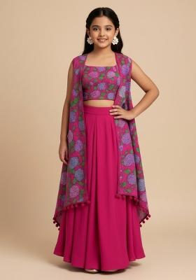 Girls Purple Floral Print Georgette Fusion Set