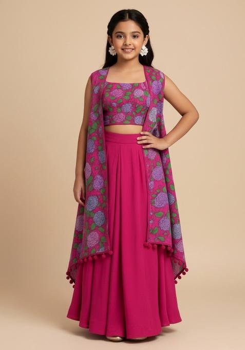 Girls Purple Floral Print Georgette Fusion Set