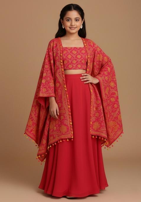 Girls Peach Floral Print Georgette Fusion Set